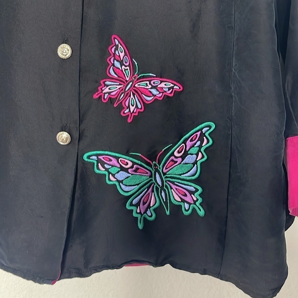 Bob Mackie Sz Large Wearable Art Silk Shirt Blouse Black Embroidered Butterfly - Picture 2 of 7
